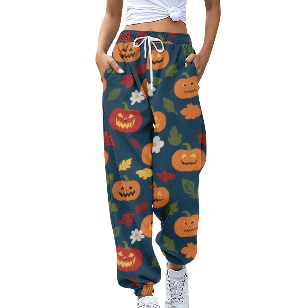 Damsportbyxor med fickor Mode Halloweentryck Elastisk midja Byxor Casual Sweatpants Byxor