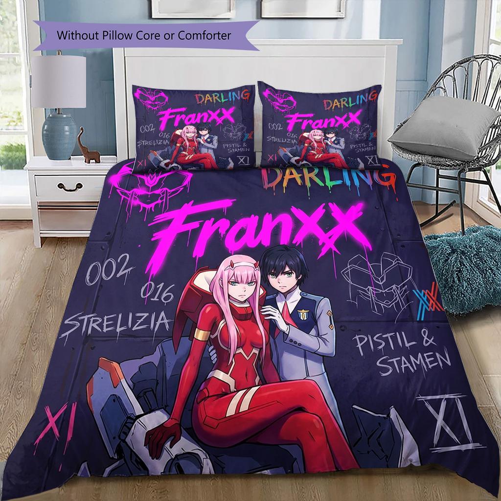 Franxx Pattern Bedding Quilt Set Quilt Cover Pillowcase Home Birthday Gift(1 * duvet cover + 2 * pillowcase, without core)