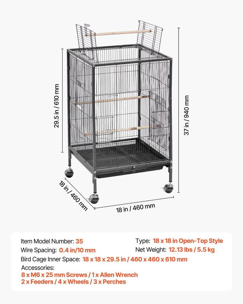 Bird Cage, 460 x 460 x 770 mm, Open Flat Top, Wrought Iron Bird Flight Cage with Perches, Slide-Out Tray and Plastic Feeders, Casters, for Parrot,