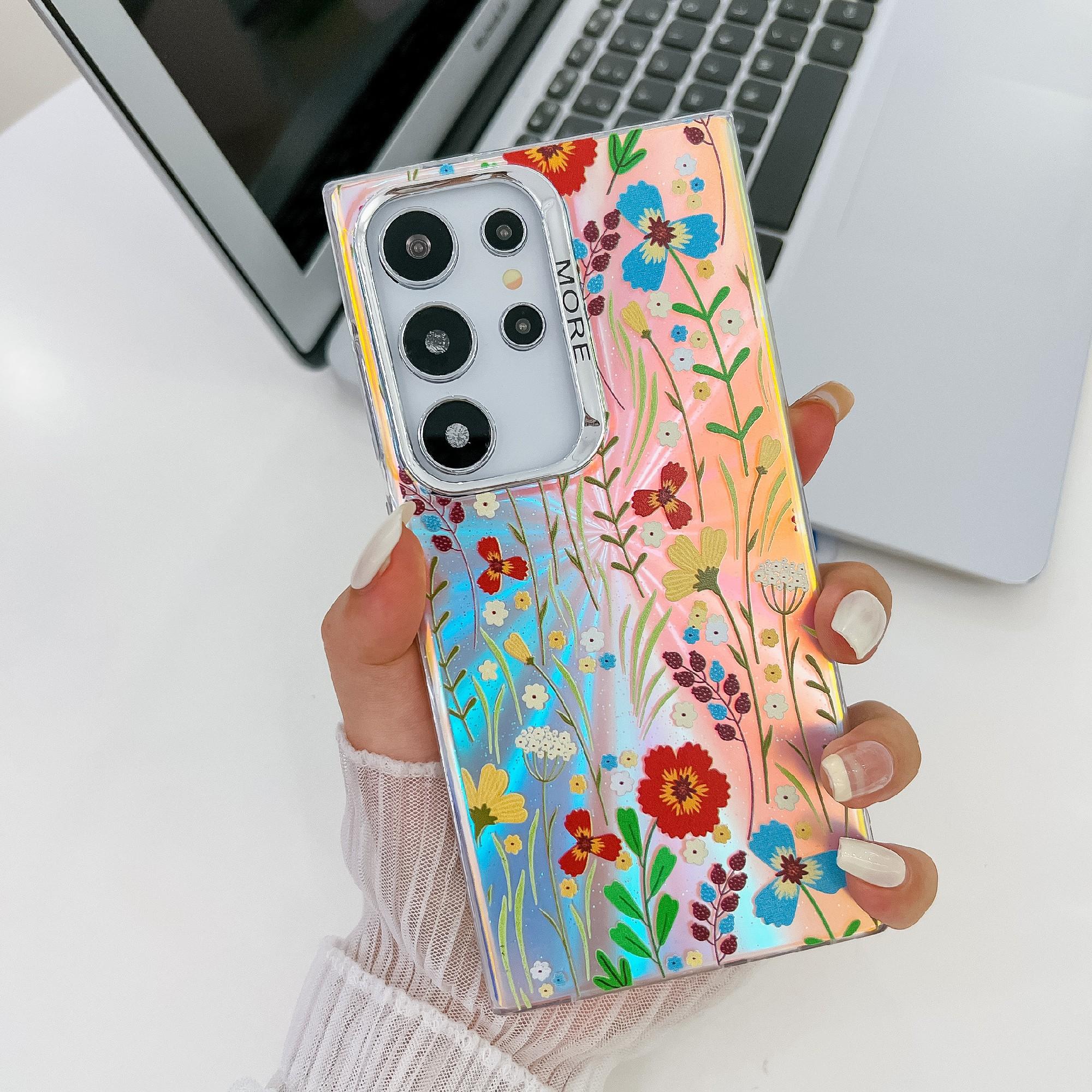 

For Samsung Galaxy S23 Ultra Case Flower Pattern Electroplated Laser Texture Mobile Phone Cover AH6