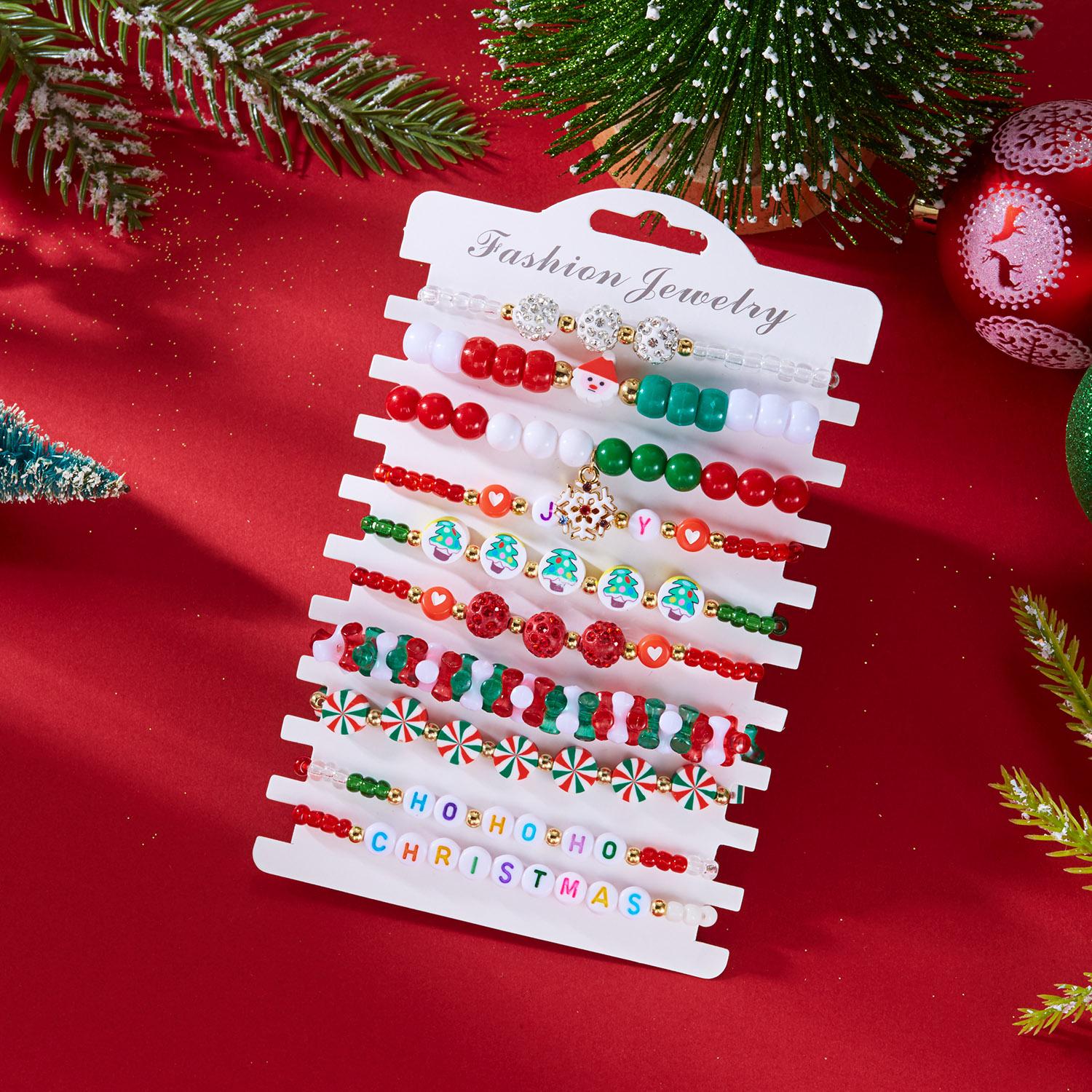 10Pcs Cartoon Santa Claus Xmas Tree Snowflake Heart Bracelets Set Colorful Soft Clay Crystal Beads Christmas Jewelry for Women