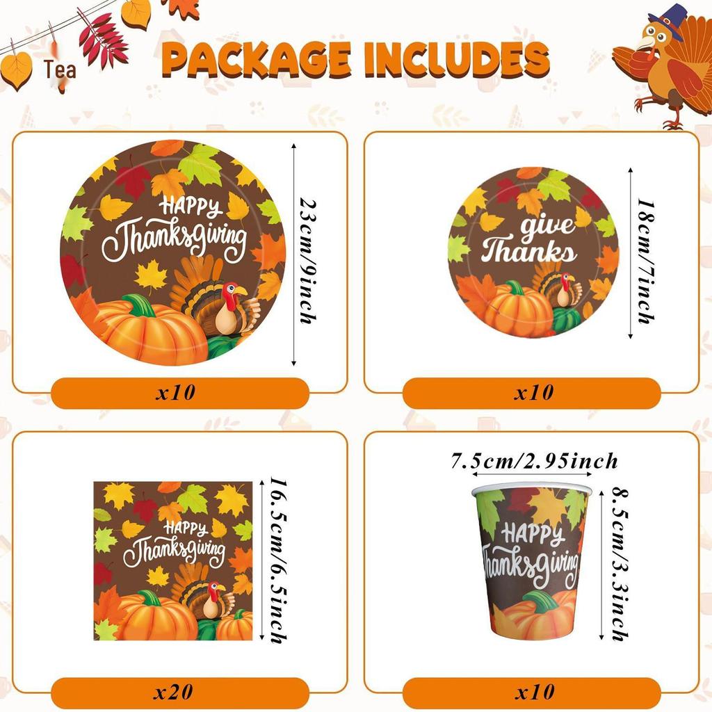 Thanksgiving Disposable Tableware Set: Plates, Cups, and Napkins for Parties