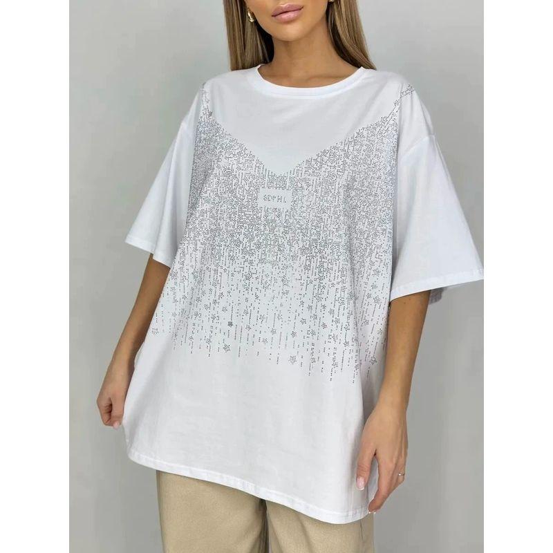 Fashion Style New Arrival Loose Easiest for Match Short Sleeve Hot Drilling Cotton T-shirt Loose Diamond Studded T-shirt