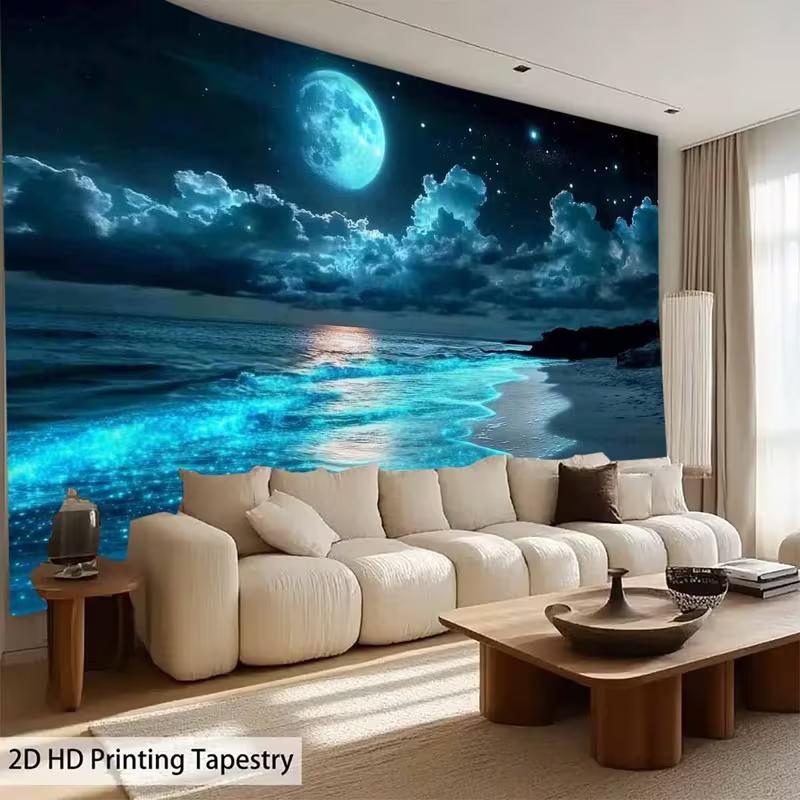 2D Magical Moonlit Beach Tapestry, Blue Glow Ocean Scenery Background