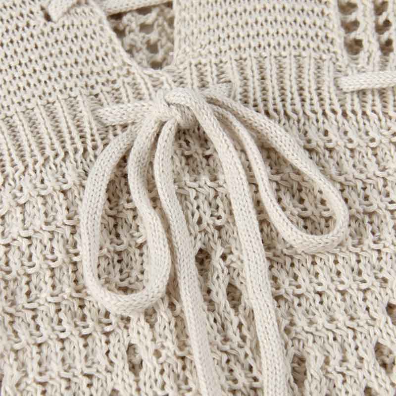 EDOLYNSA Sexy Deep V-neck Lace-up Bell Sleeve Knit Mesh Hollow Out Beach Mini Dress 2024 Summer Swimsuit Cover Up Women Casual Tunic K14