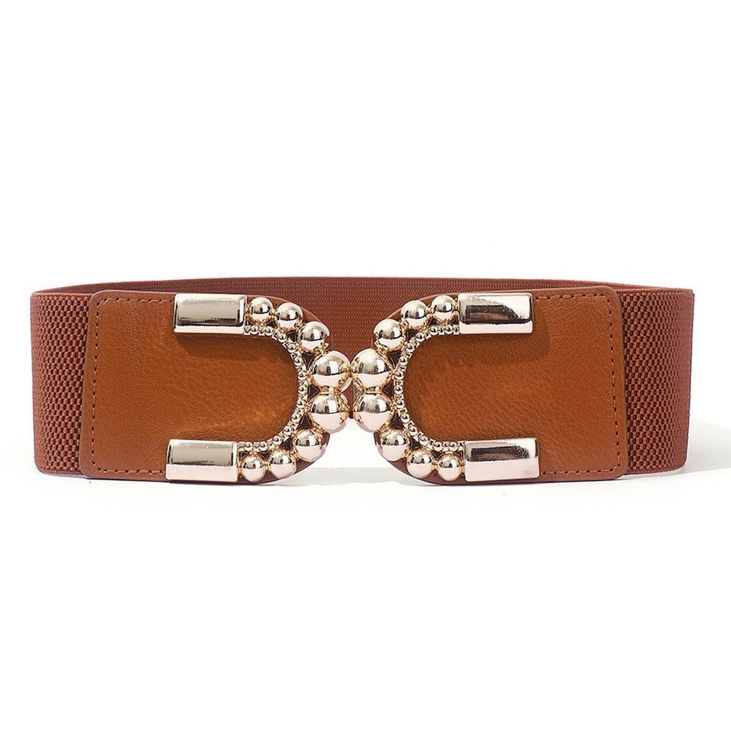 Fashion Retro Double C Pair Buckle Wide Version Waist Seal for Women Elastic Elastic Down Jacket Dress for Women Women Belt