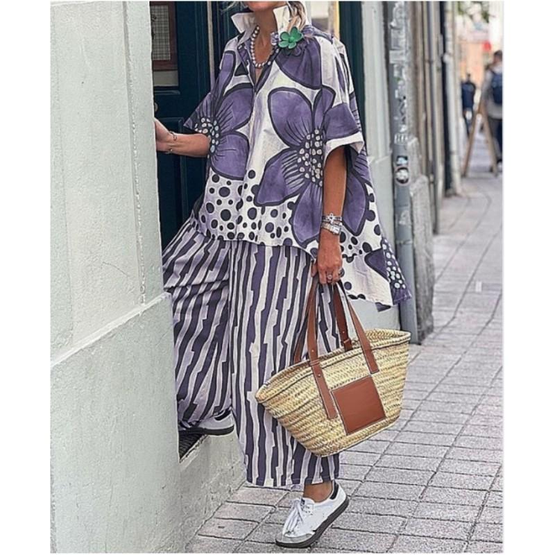 Women's Summer Floral Print Loose Two-Piece Set Short Sleeve Lapel Top + Wide Leg Pants Casual Set
