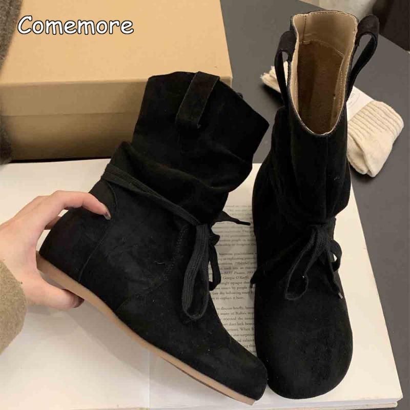 Retro Height Increasing Short Boots for Women Autumn Winter 2025 Round Toe Lace Up Thick Soled Modern Boots Western Cowboy Botas