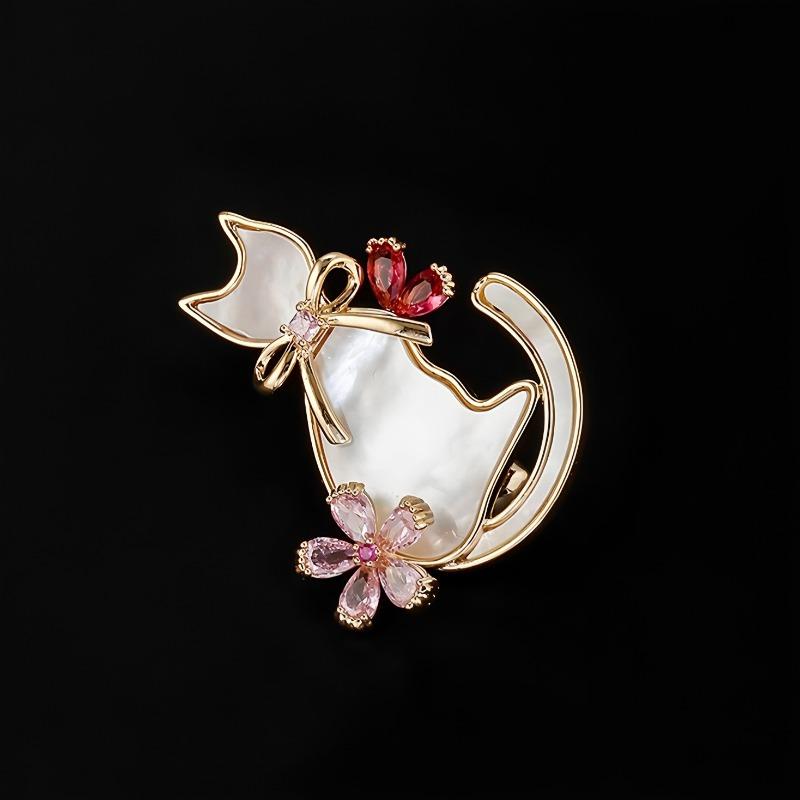 Cherry Blossom Kitten Brooch, A Fashionable and Cute Crystal Animal Brooch with A Niche Design Sense for Women