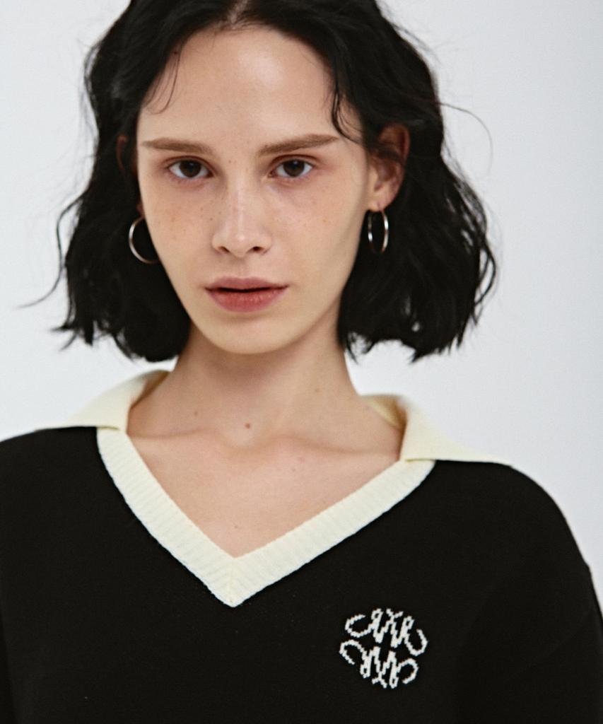 Nigaennikol Classic Color Block Collar Knit_Black