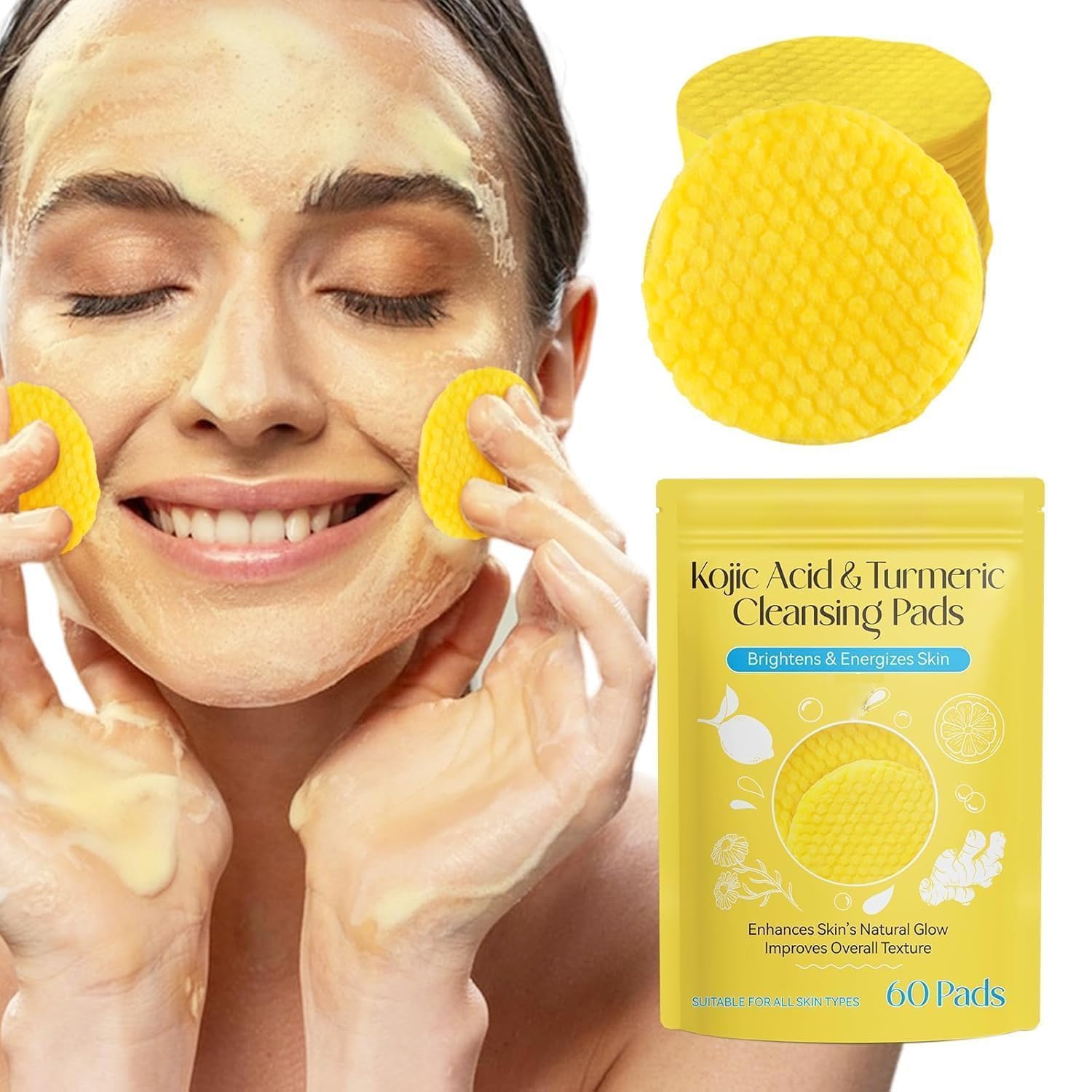 Kojic Acid and Turmeric Cleansing Pads for Face - Foaming Exfoliating Pads with Vitamin C, Vitamin B5 & Chamomile - 60 pc Dark Spot Removal, Skin B