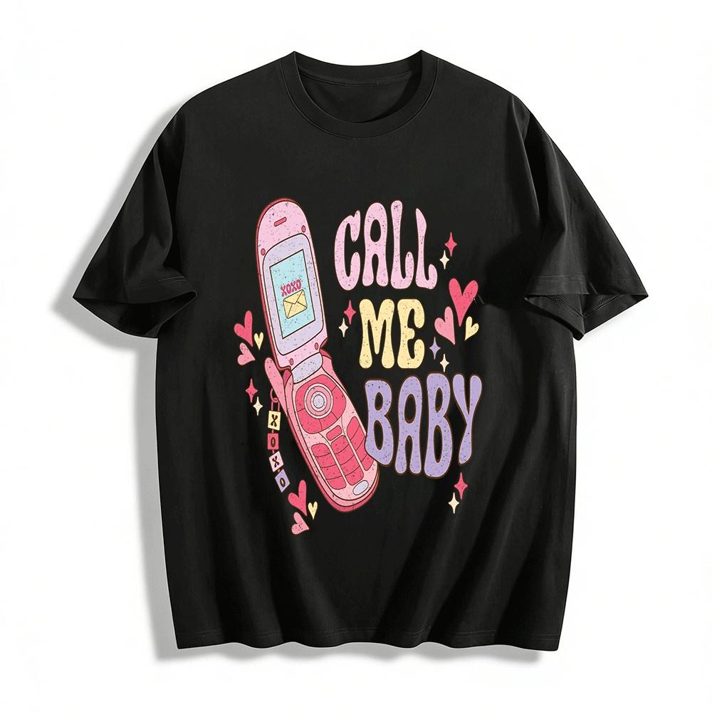 Vintage Flip Phone CALL ME BABY Heart Print Casual Short Sleeve T-Shirt Pure cotton T-shirt XXS