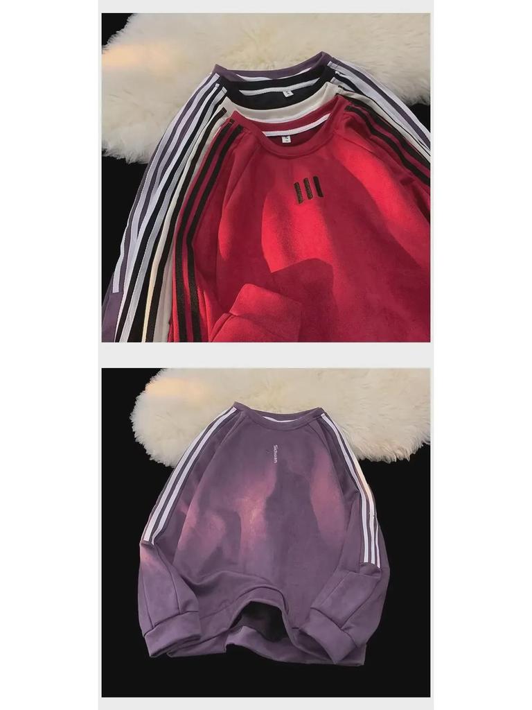 Men's Retro Striped Suede Sweatshirt – Round Neck Pullover for Spring & Autumn