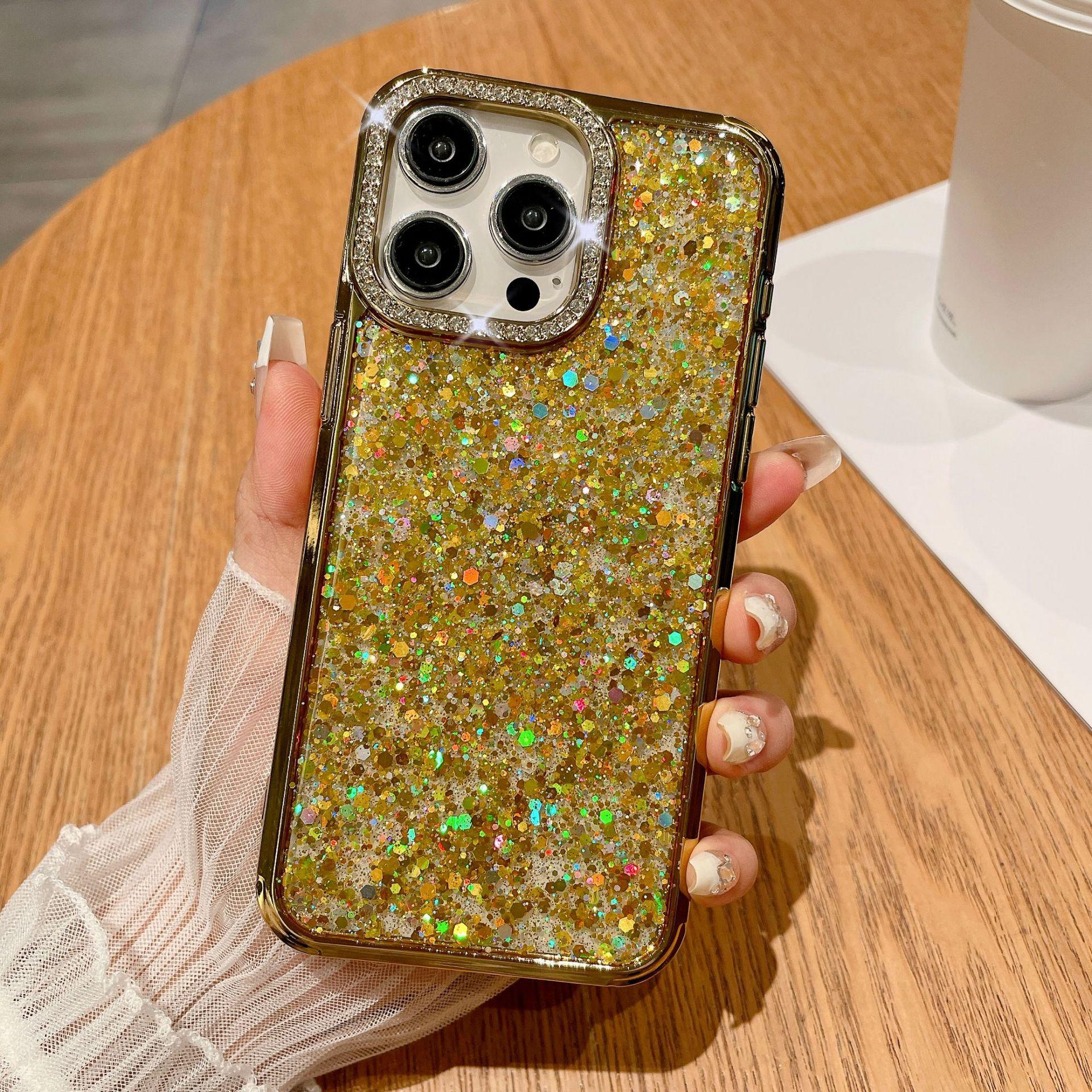 

Iphone16promax Подходит для чехла для телефона iPhone 15 с роскошным водным бриллиантом 14 Защитный чехол с блестками из смолы для женщин iPhone16 золотой