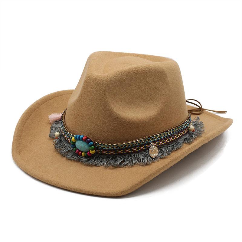 Ethnic Style Tassel, British Style Felt Hat, Retro Top Hat, Woolen Men'S And Women'S Western Cowboy Hat