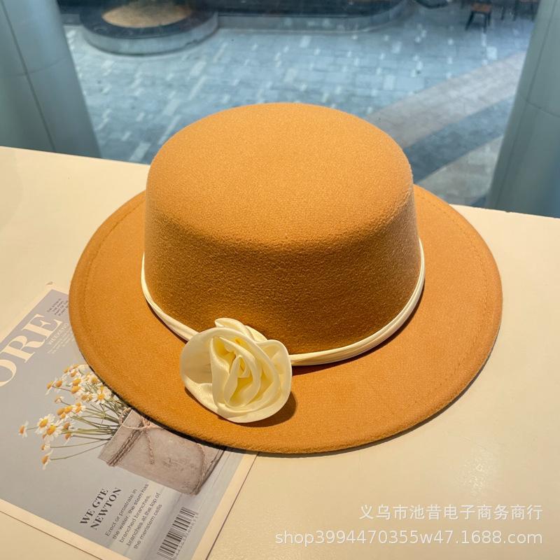 Rose flower strap flat top woolen top hat female autumn and winter warm sweet cute fashion versatile performance flat top hat