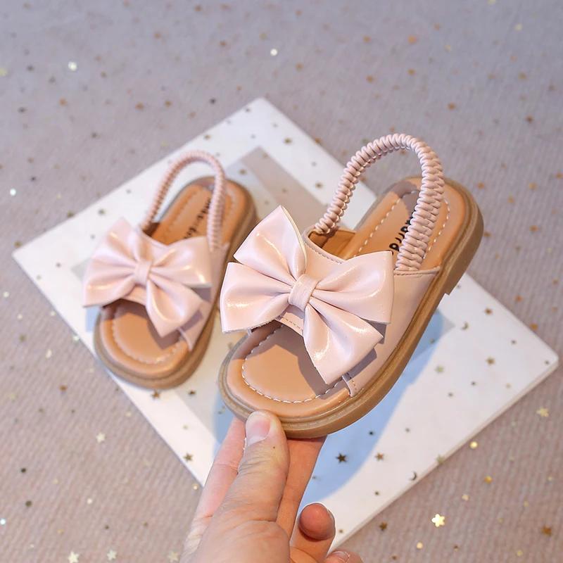 Baby Girls Summer Beach Shoes with Sweet Bowtie Kids Flat Sandals Butterfly-knot Elastic Band Soft Open Toes Fashion 2025 New