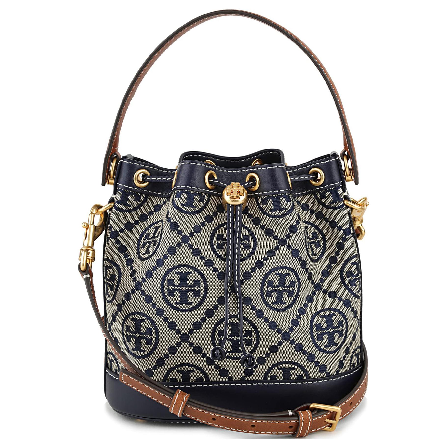 

Tory Burch T Monogram All Over Print Adjustable Shoulder Strap Drawstring Design Opening Jacquard Leather Bucket Bag Women Bags Navy-Blue 79487-405 Basic Set (Bag+Dust Bag)