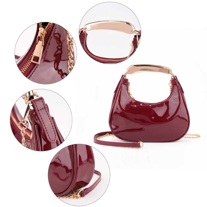 Retro Red Patent Leather Shoulder Bag Women's Metal-handled Handbag Designer Crescent-shaped Bag New Stylish Chain Crossbody Bag