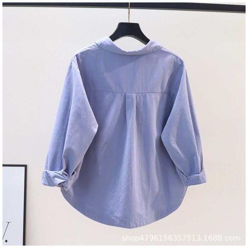 Fresh and Light Blue Cotton Shirt for Women: New Spring/Summer Style Single-Pocket Loose-Fit Shirt