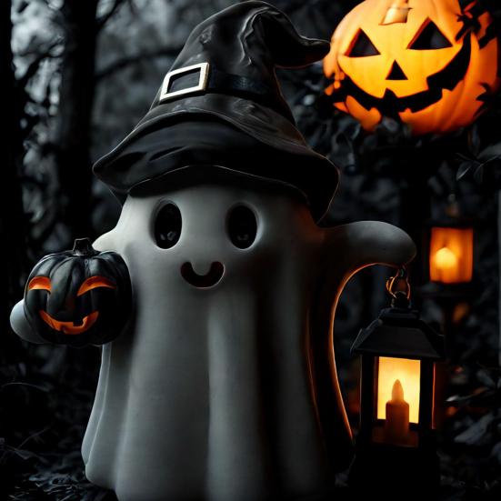 Ghost Statue Solar/Battery-Powered Weather Resistant Resin Whimsical Ghost Pumpkin Design Ornament Halloween Decor