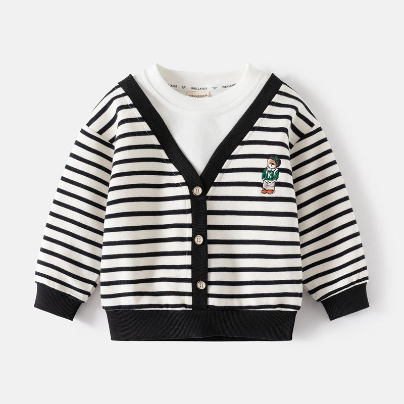 Children s Clothing Spring and Autumn Boys  Fake Two-Piece Long Sleeves Sweatshirt Kids Stripes Bear Loose Pullover Baby Boys  Tops Black and White Strips 130
