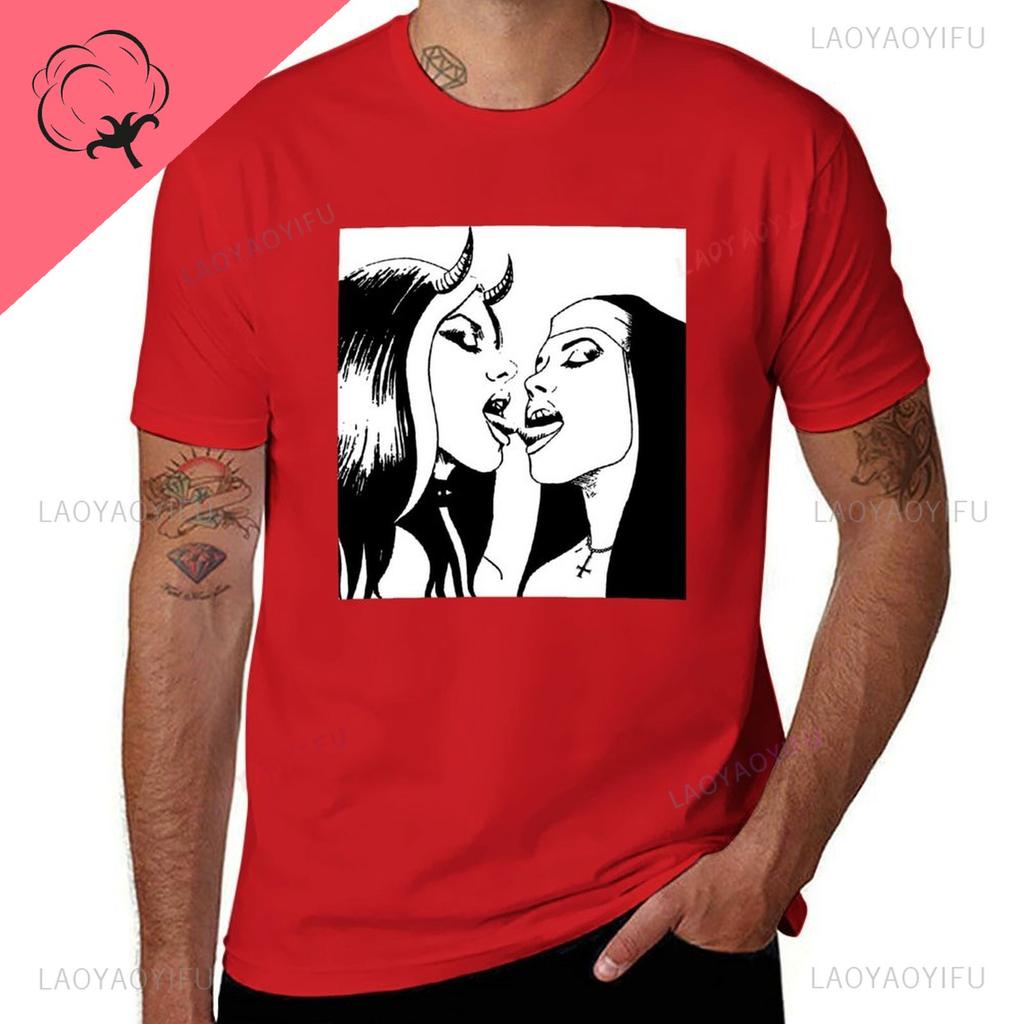 Sexy Bad Nun Lesbian Kiss Nun Bondage Satanic BDSM Cotton TShirt Funny Customs Harajuku Shortsleev Graphic Printed Tshirt