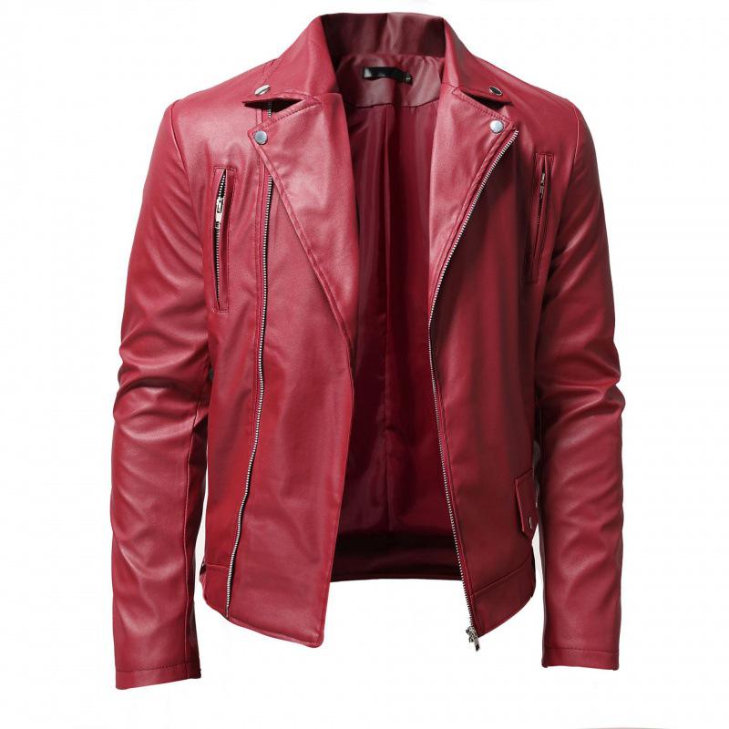 2022 Men's Fashion PU Leather Biker Jacket with Stand Collar - European and American Style