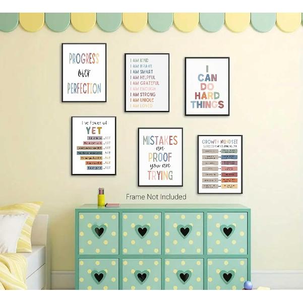 6Pcs Educational Growth Mindset Wall Art Kids Mental Health Therapy Canvas Paintings Positive Affirmations Wall Decor Boho Motivational Quotes