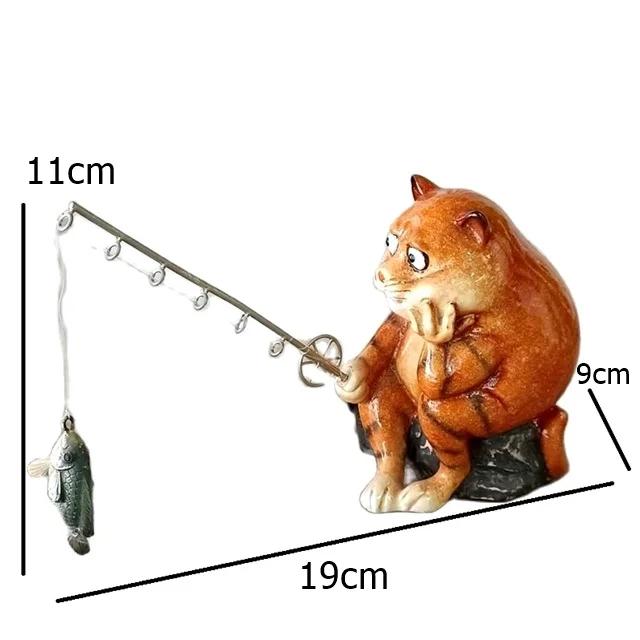Cute Fishing Cat Miniature Fish Catching Figurine Relaxation Sports Ornament Cartoon Kitty Character Decor Entertainment Craft