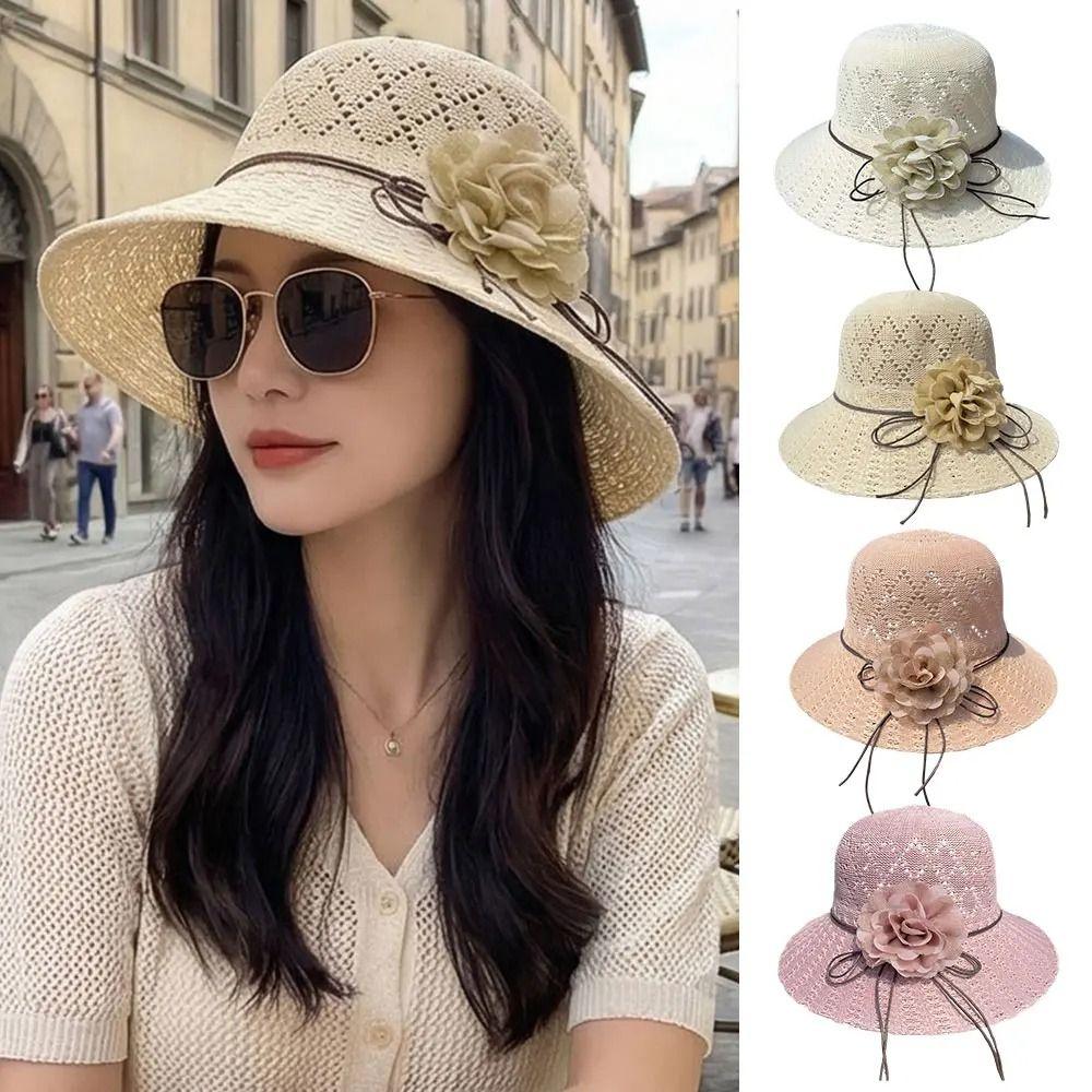 Flowers Decoration Beach Hat Foldable Design Bucket Hat Casual Straw Hat  Sun Protection