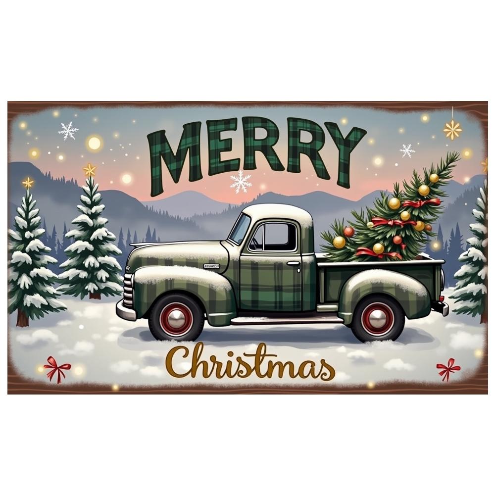 Vintage Truck Banner Gold Ornaments Holiday Truck Display Christmas Banner Classic Truck Design Merry Christmas Banner