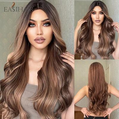 Pelucas sintéticas largas de color marrón miel con reflejos ombré para mujer, pelucas naturales onduladas de color marrón mezclado, pelucas de Cosplay de parte media resistentes al calor