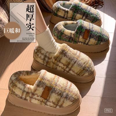 Winter New Cotton Drag Plaid Bag and Cotton Shoes with Velvet Warm Thick Sole