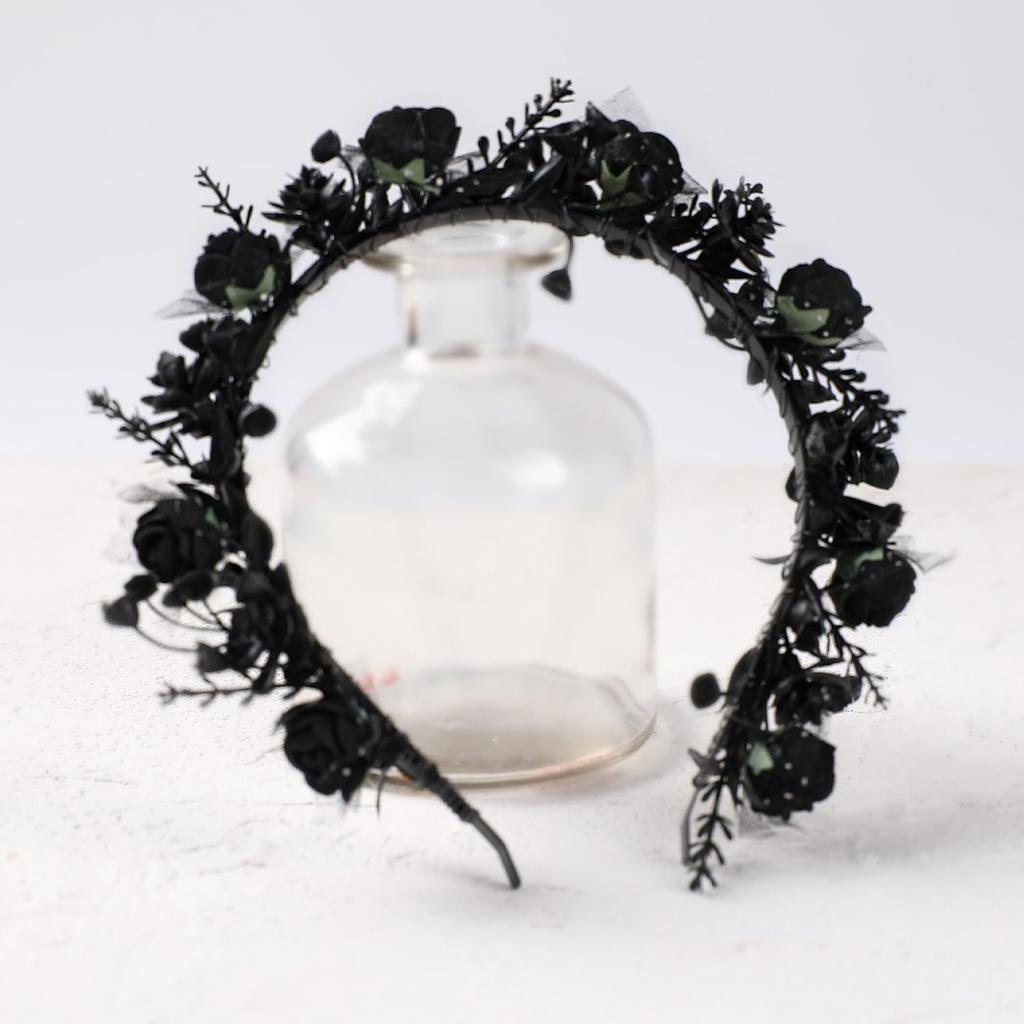 Black Floral Headpiece - Women's Elegant Lace Foam Rose Headband With Flowers for Hair Accessories, Wedding, Party, Birthday Gift, Photo Props | Dark