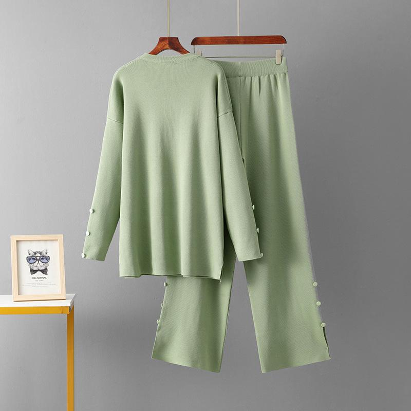 Solid Color Large Size Sweater Set Women's 2025 Autumn and Winter New Round Neck Loose Casual Two-piece Set