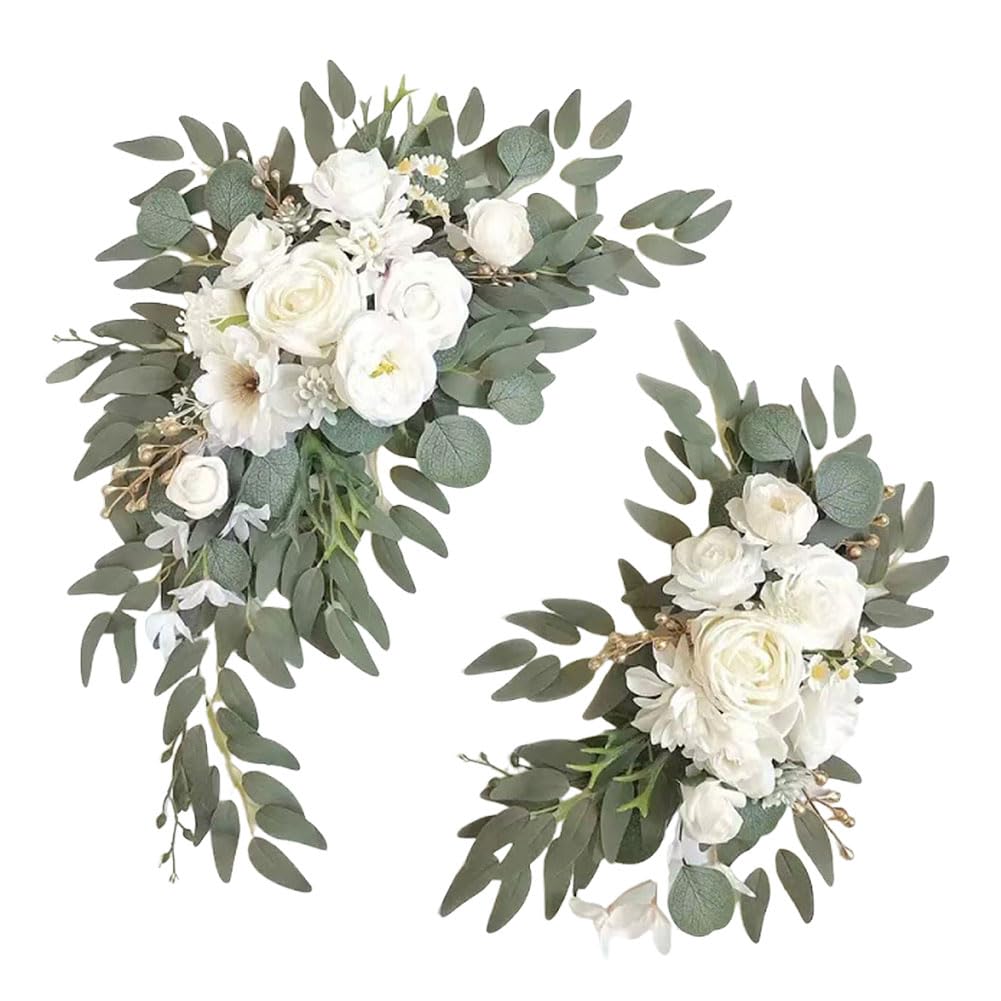 Wedding Arch Flower Swag Set of 2 Artificial Rose Floral Garland with Greenery for Welcome Sign Ceremony Backdrop Faux Silk Hanging Decor
