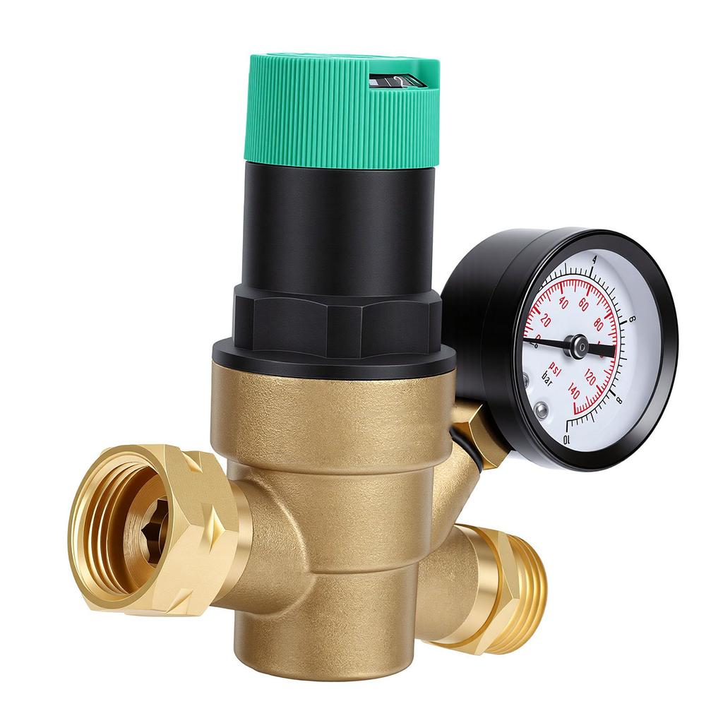 RV Water Pressure Regulator Brass Adjustable Handle with Gauge Mesh Filter for RV Travel Trailer Camping