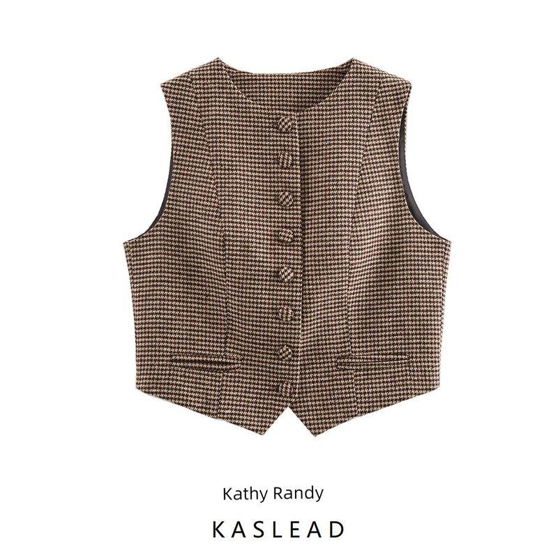 Kaslead New Arrival Women's Clothing Fashion Style Stylish Simple and Versatile Silm Sleeveless Houndstooth Vest