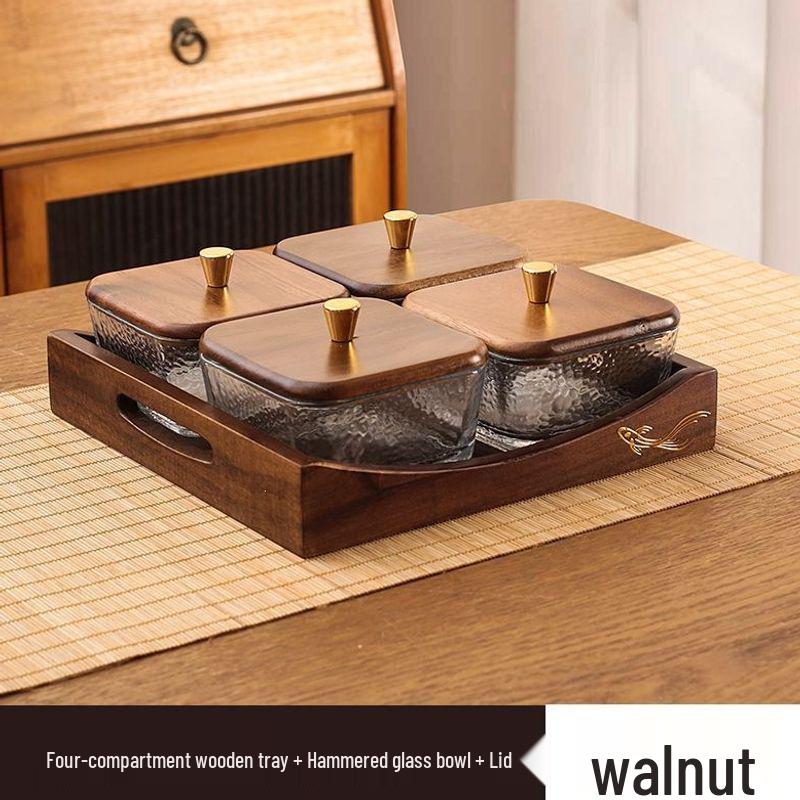 Luxury Glass Walnut Fruit & Snack Plate with Candy Compartments for Living Room Coffee Table