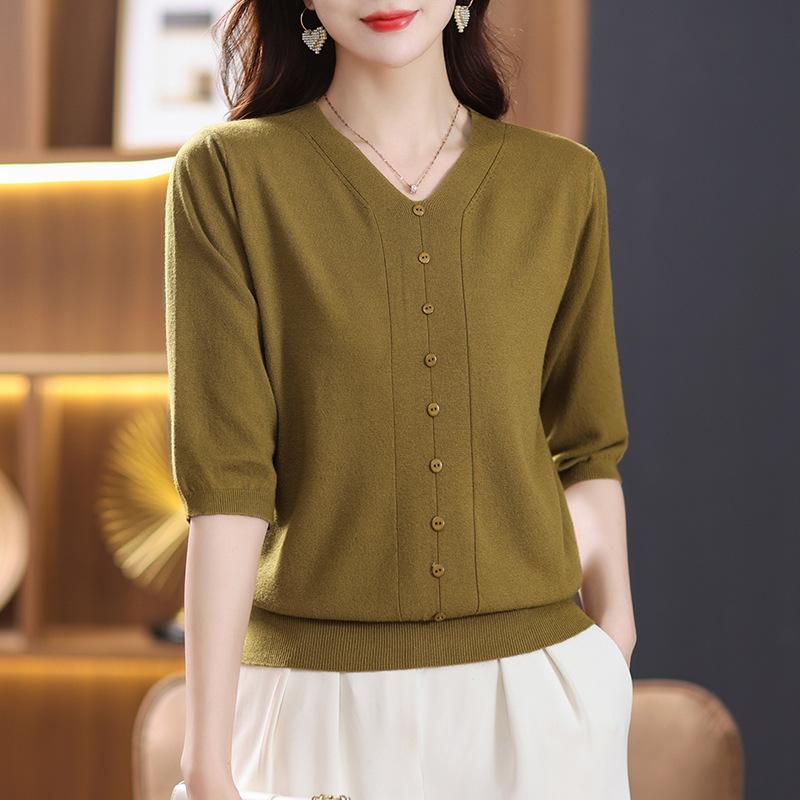 Summer Autumn V-neck Solid Color Knitting Pullover Top Women 3/4 Sleeve Solid Color Knitting Tee Ladies Sweater