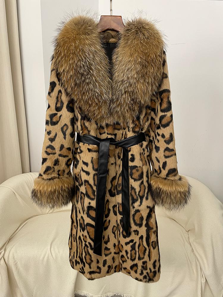 OFTBUY 2024 Winter Real Rabbit Fur Leopard Print Women Coat  Long Raccoon Fur Collar Coat Fur One-piece Thickened Warm Overcoats