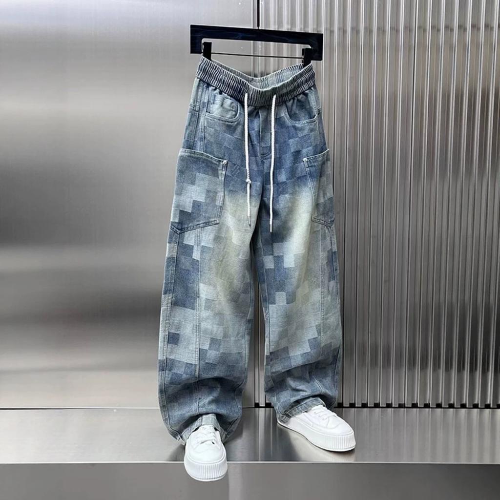 Early Autumn New American Retro Old Casual Fashion Men's Jeans Loose and Thin Checkerboard Design Straight Pants