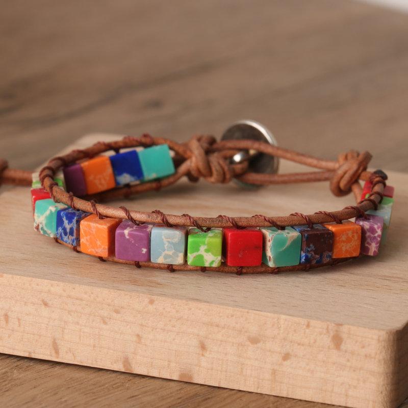 Rainbow Chakra Square Bead Wrap Bracelet – Leather Boho Jewelry, Balance Joy Gift for Men & Women