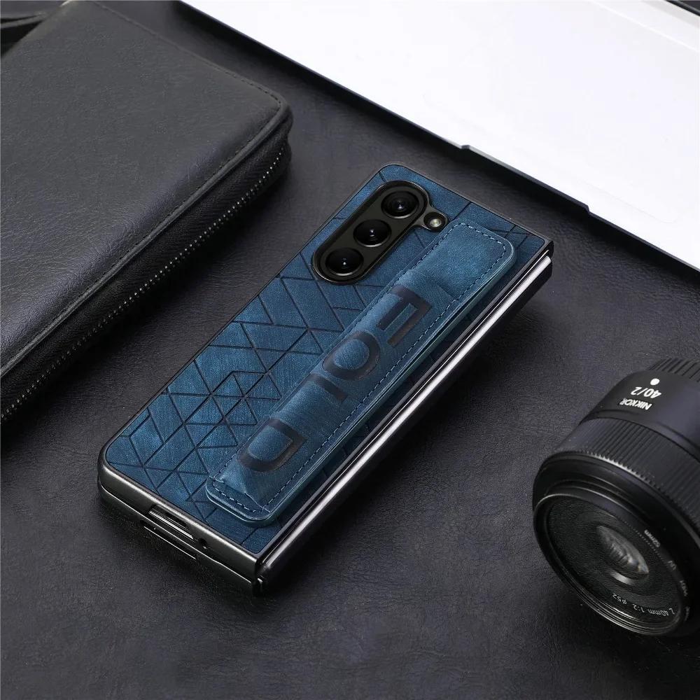 PU Leather Wrist Strap Cover for Samsung Galaxy Z Fold 6 5 4 3 5G Hard Phone Case with S Pen Holder & Finger Grip(no Pen)