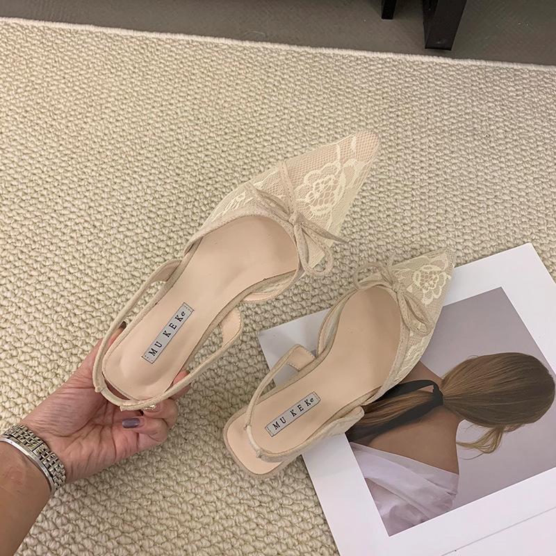 French minimalist temperament pointed lace embroidered sandals women's 2025 new spring and summer low-heeled bag head back empty versatile