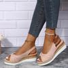 Spring and Summer Footwear Wedge Sandals Fishmouth High Heels Buckle with Straw Sandals Plus Size Women's Shoes.