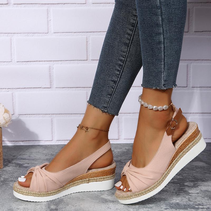Spring and Summer Footwear Wedge Sandals Fishmouth High Heels Buckle with Straw Sandals Plus Size Women's Shoes.