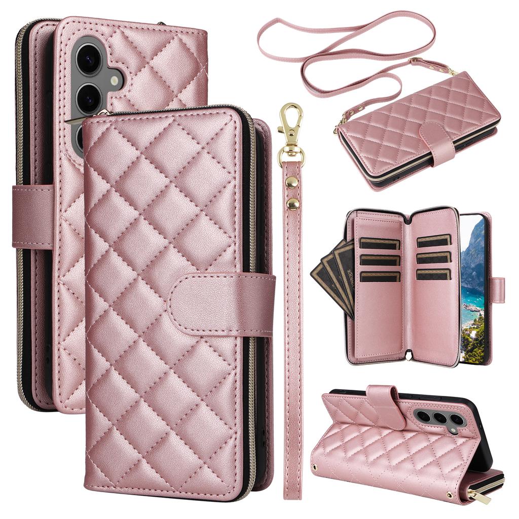For Samsung Galaxy S24 Phone Case Leather Flip Cover with Rhombus Zipper Pocket