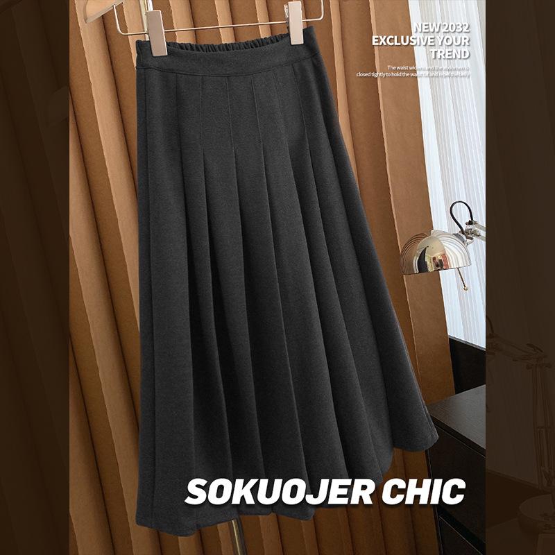 Women's High-Waisted Wool Blend Midi Skirt: Thick Pleated, Slimming Korean Style for Autumn & Winter